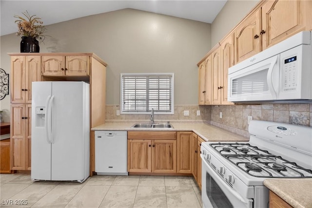 5020 Linkside Dr, Las Vegas, NV 89130 - kitchen featuring white appliances, a sink, light brown cabinetry, light countertops, and backsplash