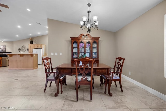 5020 Linkside Dr, Las Vegas, NV 89130 - dining space featuring lofted ceiling, baseboards, recessed lighting, a chandelier, and light tile patterned floors