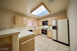 2851 S Valley View Blvd Unit 1199, Las Vegas, NV 89102 - kitchen featuring white refrigerator with ice dispenser, electric range oven, a peninsula, and light brown cabinetry