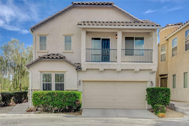 8307 Fort Hallock Ave, Las Vegas, NV 89131 - mediterranean / spanish home with a tiled roof, a balcony, a garage, and stucco siding