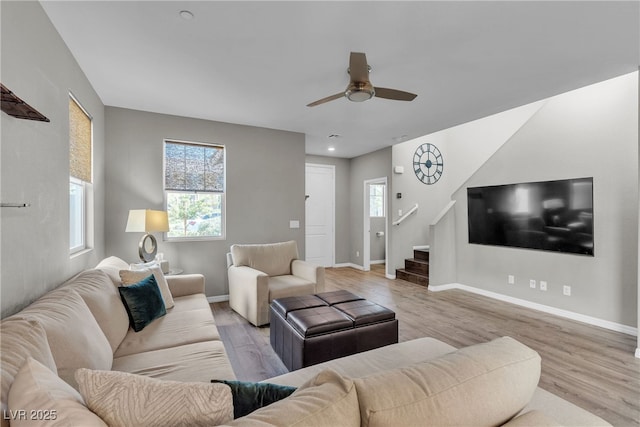 3132 Cartanda Ave, Henderson, NV 89044 - living room featuring stairway, wood finished floors, ceiling fan, baseboards, and recessed lighting