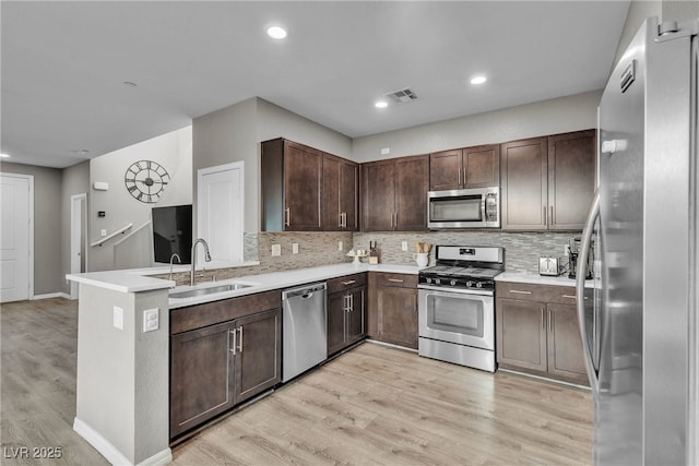 3132 Cartanda Ave, Henderson, NV 89044 - kitchen with stainless steel appliances, a sink, light wood finished floors, backsplash, and dark brown cabinetry