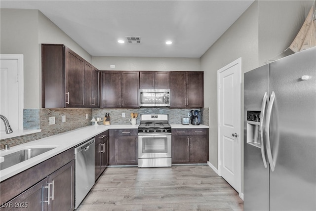 3132 Cartanda Ave, Henderson, NV 89044 - kitchen featuring appliances with stainless steel finishes, a sink, dark brown cabinetry, decorative backsplash, and light wood-style flooring