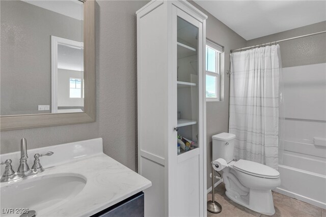 3132 Cartanda Ave, Henderson, NV 89044 - full bath featuring toilet, vanity, shower / bath combination with curtain, and a textured wall