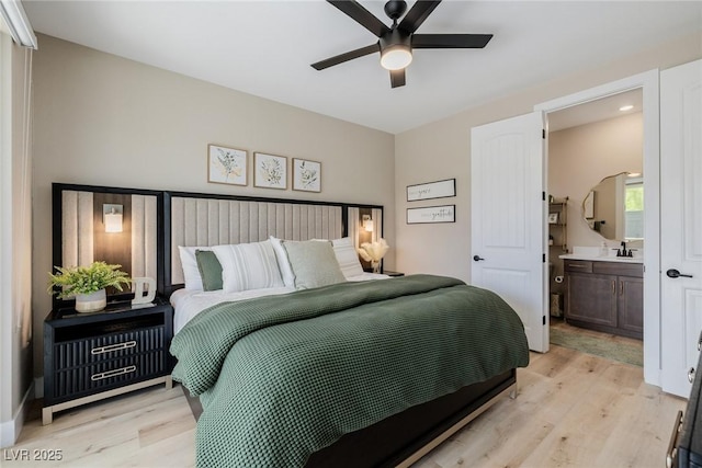 2151 Noble Perch St, Las Vegas, NV 89138 - bedroom with light wood-style flooring, ensuite bath, recessed lighting, and ceiling fan
