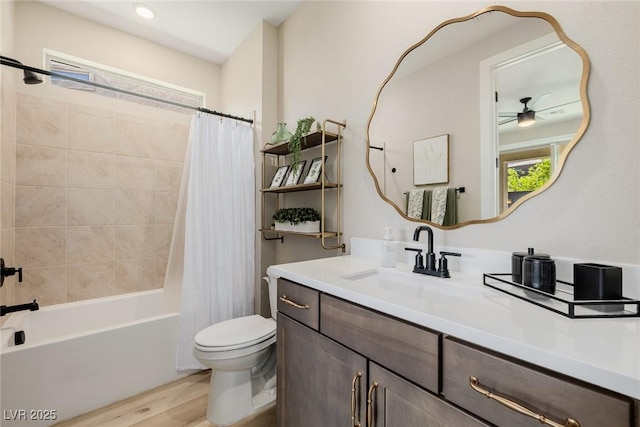 2151 Noble Perch St, Las Vegas, NV 89138 - full bath with vanity, wood finished floors, shower / bath combination with curtain, and a ceiling fan