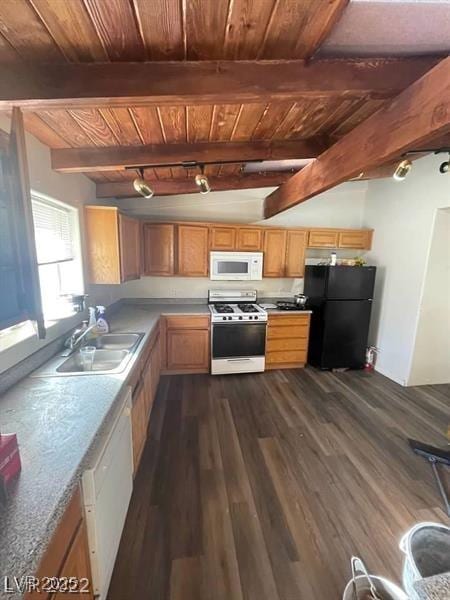 1413 Bryn Mawr Ave, Las Vegas, NV 89102 - kitchen with white appliances, wooden ceiling with exposed beams, a sink, dark wood-style flooring, and light countertops