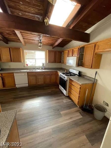 1413 Bryn Mawr Ave, Las Vegas, NV 89102 - kitchen with white appliances, wood ceiling, dark wood-style floors, a sink, and brown cabinetry