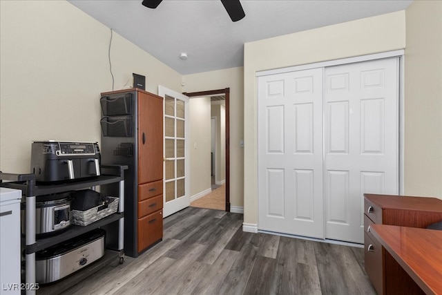 5937 Round Castle St, Las Vegas, NV 89130 - kitchen featuring a ceiling fan, dark wood-style flooring, baseboards, and butcher block counters