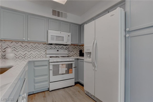 3103 Key Largo Dr Unit 103, Las Vegas, NV 89120 - kitchen featuring white appliances, gray cabinets, light countertops, and backsplash