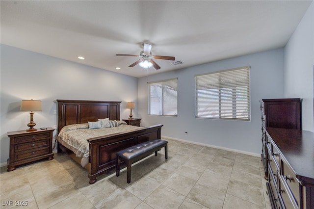 2099 Port Royal Dr, Laughlin, NV 89029 - bedroom with baseboards, recessed lighting, a ceiling fan, and light tile patterned floors