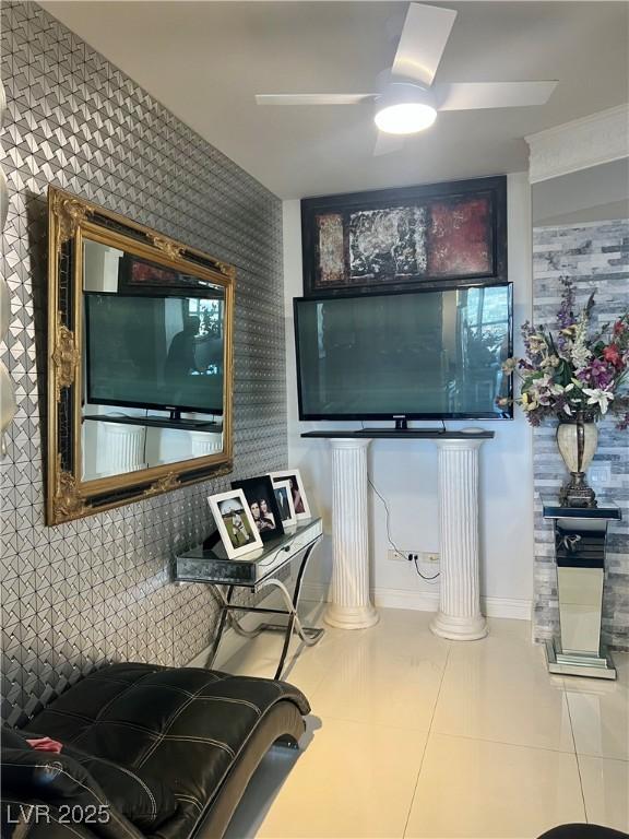 200 W Sahara Ave Unit 3510, Las Vegas, NV 89102 - bathroom featuring wallpapered walls, tile patterned floors, and ceiling fan