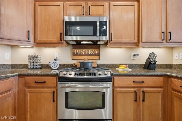 2453 Vivid Sky Pl, Henderson, NV 89044 - kitchen with appliances with stainless steel finishes, dark stone countertops, and brown cabinets