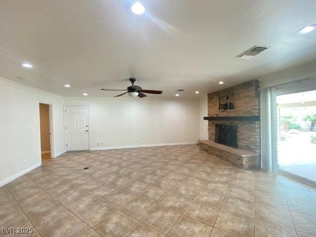6315 Eldora Ave, Las Vegas, NV 89146 - unfurnished living room featuring recessed lighting, a stone fireplace, light tile patterned floors, a ceiling fan, and baseboards