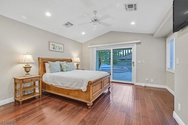 1809 White Hawk Ct, Las Vegas, NV 89134 - bedroom featuring access to outside, dark wood-type flooring, vaulted ceiling, baseboards, and recessed lighting