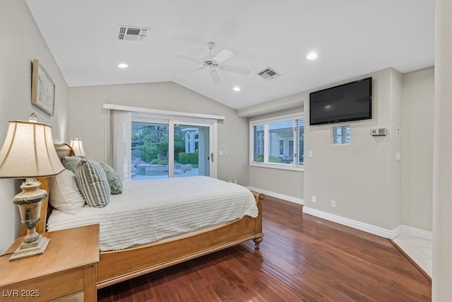 1809 White Hawk Ct, Las Vegas, NV 89134 - bedroom with access to outside, wood finished floors, lofted ceiling, multiple windows, and baseboards