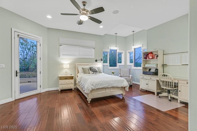1809 White Hawk Ct, Las Vegas, NV 89134 - bedroom with access to outside, dark wood-style floors, an office area, baseboards, and recessed lighting