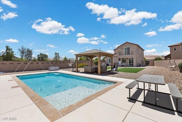 4030 Midnight Crest Ave, North Las Vegas, NV 89031 - view of swimming pool featuring a patio area, a gazebo, a fenced backyard, and outdoor lounge area