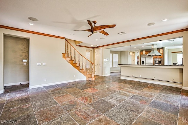 1737 Cypress Manor Dr, Henderson, NV 89012 - unfurnished living room featuring stone tile floors, ornamental molding, baseboards, ceiling fan, and stairs