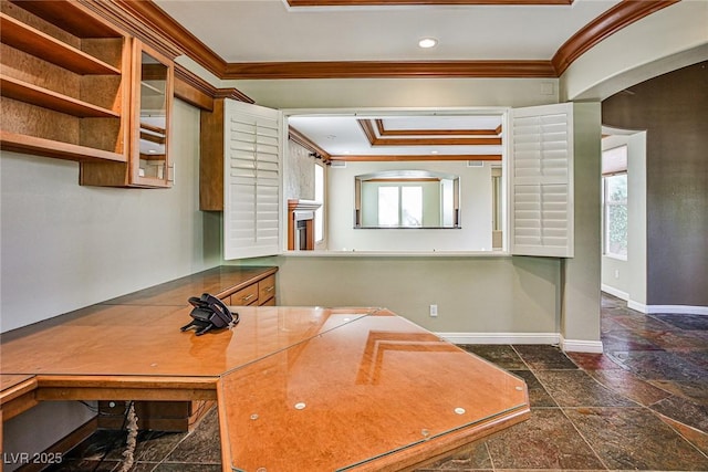 1737 Cypress Manor Dr, Henderson, NV 89012 - unfurnished office featuring crown molding, stone tile flooring, baseboards, and recessed lighting