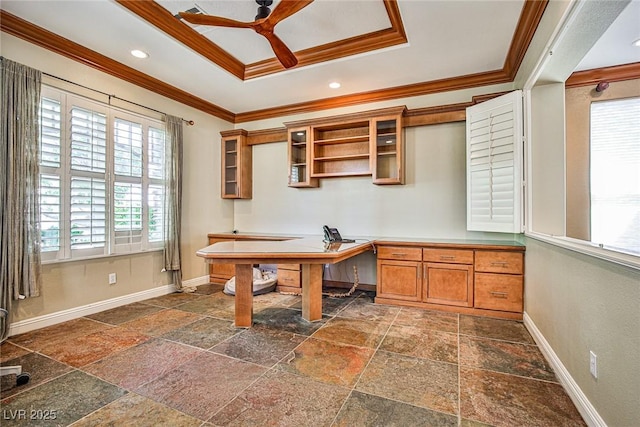 1737 Cypress Manor Dr, Henderson, NV 89012 - office space with stone tile floors, crown molding, a raised ceiling, ceiling fan, and baseboards