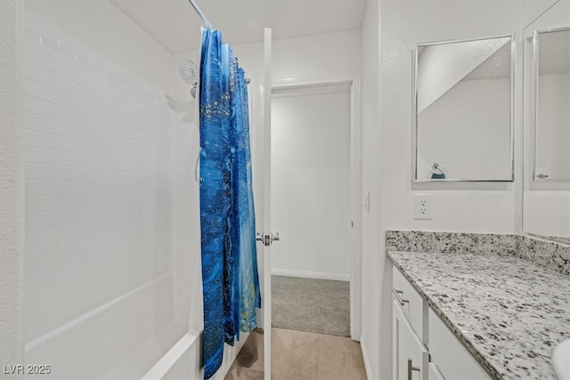 392 Canary Song Dr, Henderson, NV 89011 - bathroom with vanity, shower / tub combo with curtain, and tile patterned floors