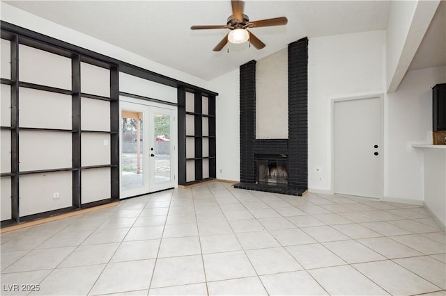 4205 Thicket Ave, North Las Vegas, NV 89031 - unfurnished living room with a ceiling fan, high vaulted ceiling, baseboards, a brick fireplace, and light tile patterned floors