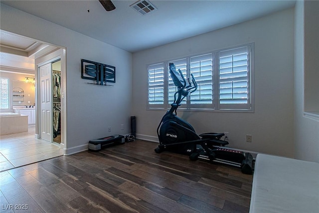 10744 Balsam Creek Ave, Las Vegas, NV 89144 - exercise area featuring wood finished floors, a ceiling fan, ornamental molding, and baseboards