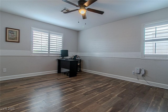10744 Balsam Creek Ave, Las Vegas, NV 89144 - unfurnished office featuring dark wood-style flooring, a ceiling fan, and baseboards