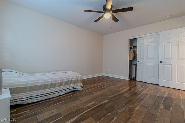 10744 Balsam Creek Ave, Las Vegas, NV 89144 - bedroom featuring wood-type flooring, baseboards, a closet, and a ceiling fan