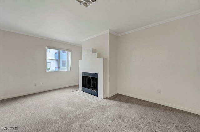 8600 W Charleston Blvd Unit 1128, Las Vegas, NV 89117 - unfurnished living room with crown molding, carpet, a multi sided fireplace, and baseboards
