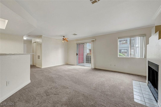 8600 W Charleston Blvd Unit 1128, Las Vegas, NV 89117 - unfurnished living room with a fireplace with flush hearth, light colored carpet, crown molding, ceiling fan, and baseboards