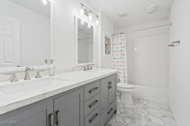 600 Beresford Ave, Las Vegas, NV 89123 - bathroom with double vanity, toilet, and shower / bathtub combination with curtain