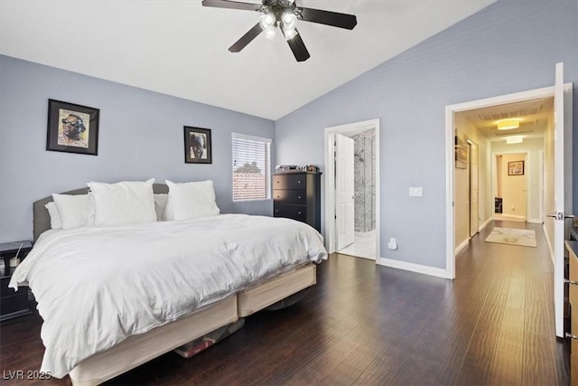 600 Beresford Ave, Las Vegas, NV 89123 - bedroom with lofted ceiling, dark wood finished floors, baseboards, connected bathroom, and ceiling fan
