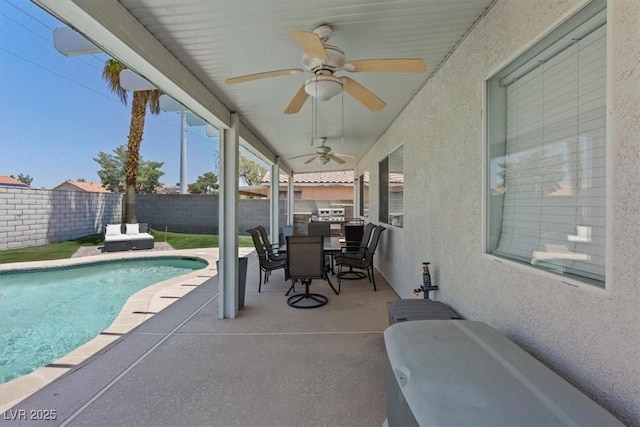 600 Beresford Ave, Las Vegas, NV 89123 - fenced backyard with outdoor dining area, ceiling fan, and a patio area