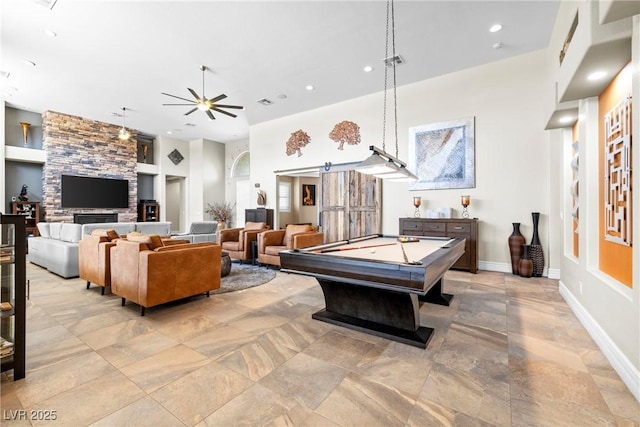 7504 Frittata Ave, Las Vegas, NV 89113 - playroom with a ceiling fan, stone tile floors, baseboards, recessed lighting, and billiards table