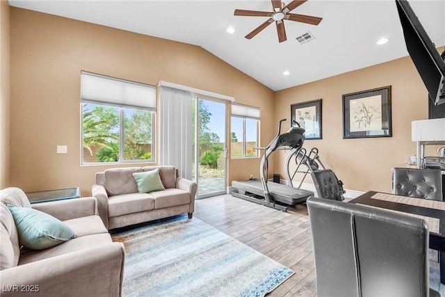 7504 Frittata Ave, Las Vegas, NV 89113 - living area featuring ceiling fan, lofted ceiling, light wood-style flooring, recessed lighting, and baseboards
