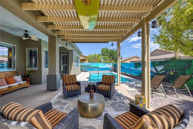 6173 Sabine Ranch Rd, Las Vegas, NV 89131 - fenced backyard with a pergola, an outdoor hangout area, a ceiling fan, and a patio area