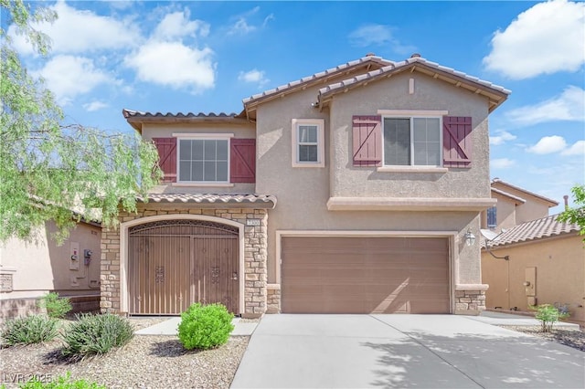 7300 Lavender Rose Ave, Las Vegas, NV 89117 - mediterranean / spanish home featuring stone siding, a tile roof, stucco siding, and an attached garage