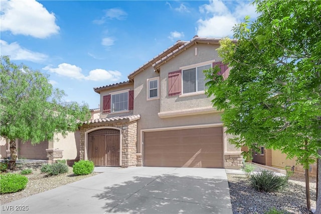 7300 Lavender Rose Ave, Las Vegas, NV 89117 - mediterranean / spanish home featuring stucco siding, stone siding, driveway, and a garage