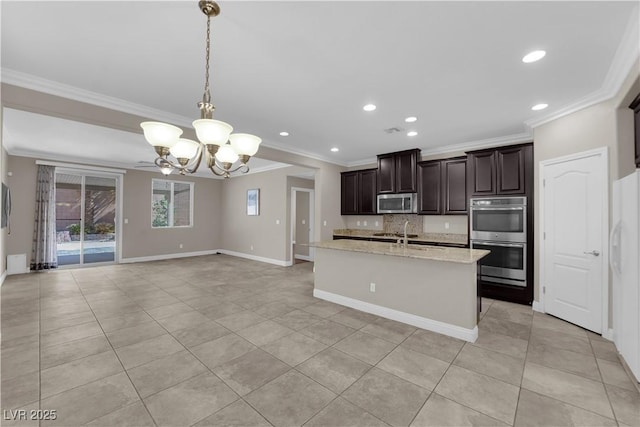 7300 Lavender Rose Ave, Las Vegas, NV 89117 - kitchen with stainless steel appliances, a chandelier, ornamental molding, light tile patterned floors, and recessed lighting
