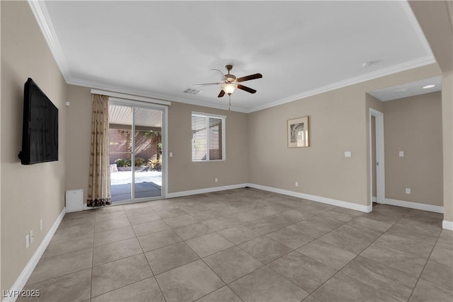 7300 Lavender Rose Ave, Las Vegas, NV 89117 - spare room with ornamental molding, a ceiling fan, baseboards, and light tile patterned floors