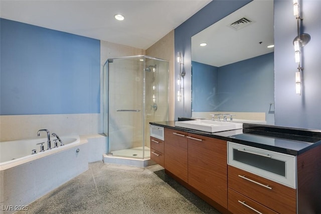 900 Las Vegas Blvd Unit 1209, Las Vegas, NV 89101 - full bath with vanity, a stall shower, speckle patterned floor, a bath, and recessed lighting