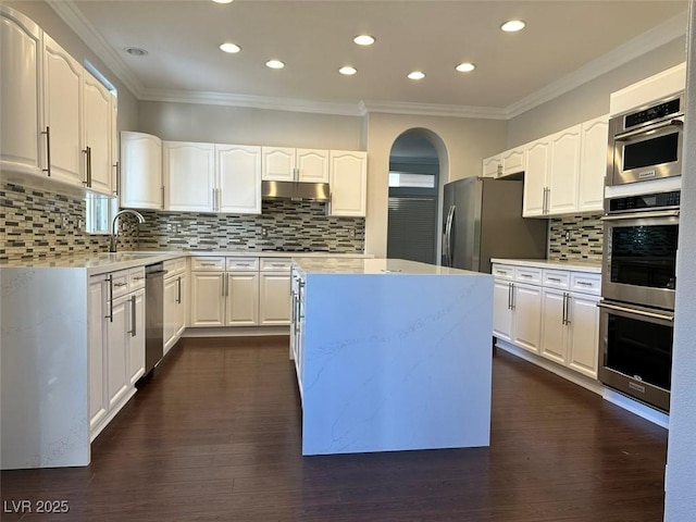 8931 Lansberry Ct, Las Vegas, NV 89147 - kitchen with stainless steel appliances, a sink, tasteful backsplash, under cabinet range hood, and crown molding