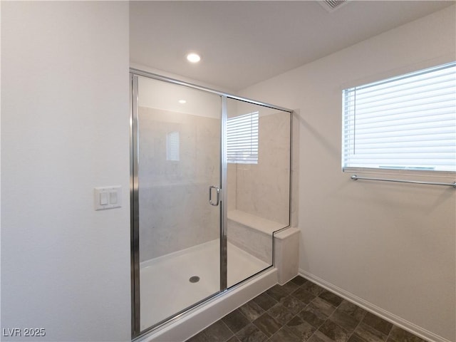 5904 Becklow Gardens Ave, Las Vegas, NV 89141 - bathroom featuring baseboards, a stall shower, and recessed lighting