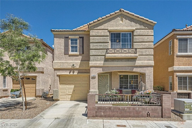 10456 Prairie Schooner Ave, Las Vegas, NV 89129 - view of front of house with concrete driveway, a garage, a tiled roof, stucco siding, and covered porch