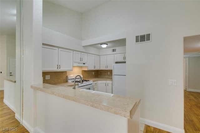2251 Wigwam Pkwy Unit 824, Henderson, NV 89074 - kitchen with white appliances, under cabinet range hood, light wood-type flooring, and backsplash