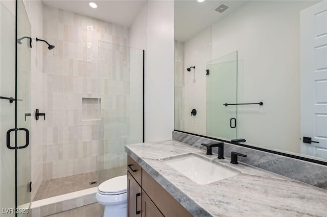 182 Robledo St, Las Vegas, NV 89138 - full bath with vanity, toilet, a shower stall, and recessed lighting