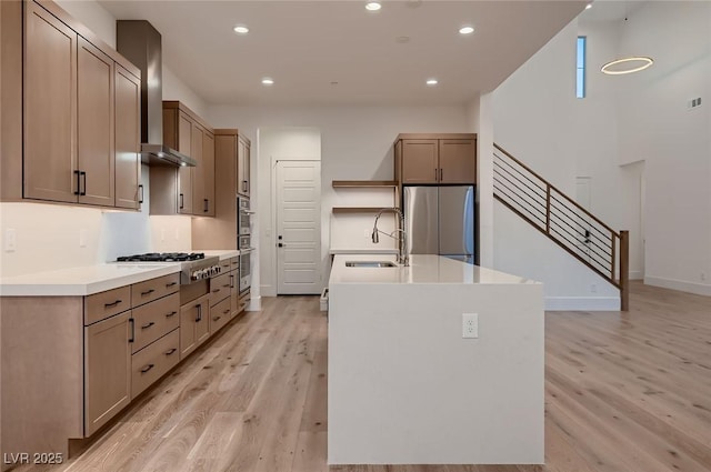 182 Robledo St, Las Vegas, NV 89138 - kitchen featuring appliances with stainless steel finishes, a sink, wall chimney exhaust hood, open shelves, and light wood-style floors