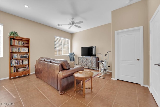 9375 Gold Lake Ave, Las Vegas, NV 89149 - living room with a ceiling fan, healthy amount of natural light, light tile patterned floors, baseboards, and recessed lighting